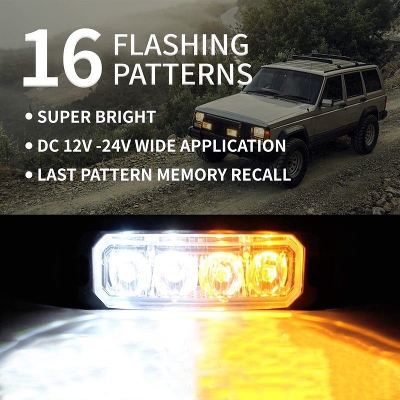 FXC 4-LED Strobe Light White/Amber Waterproof Emergency Beacon Flash Lights,Purishion Caution Bar 16 Patterns Flashing Car SUV Pickup Truck Van Vehicle POV (2 Pack)(4LED White/Amber) - Image 2